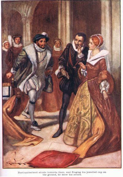 Northumberland podszedł do nich i rzucając na ziemię swoją ozdobioną klejnotami czapkę, wyciągnął miecz (kolorowa litografia). autorstwa Thomas Heath Robinson