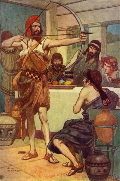Odyseusz karze zalotników (kolorowa litografia) autorstwa Thomas Heath Robinson