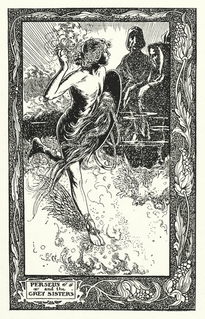 Perseusz i Szare Siostry (litografia) autorstwa Thomas Heath Robinson