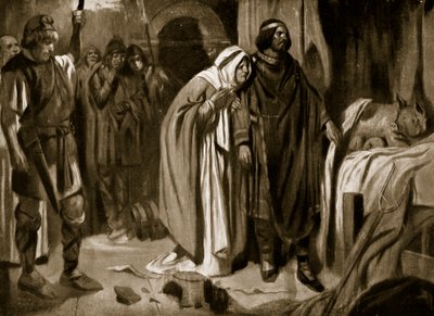 Królowa Ethelburga przekonująca Ine of Wessex do rezygnacji z korony, 728, ilustracja z "Hutchinson
