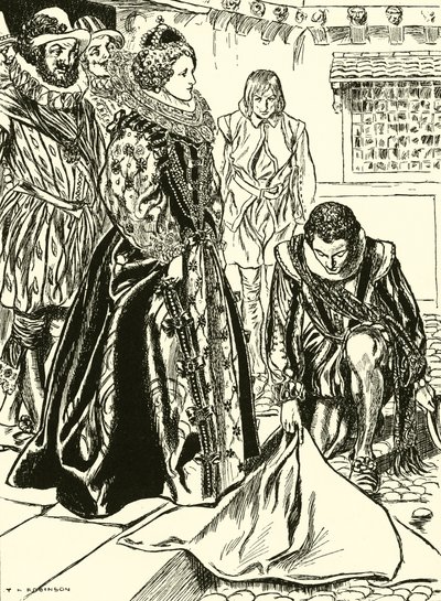 Raleigh rozpościera płaszcz przed Elżbietą (rycina) autorstwa Thomas Heath Robinson