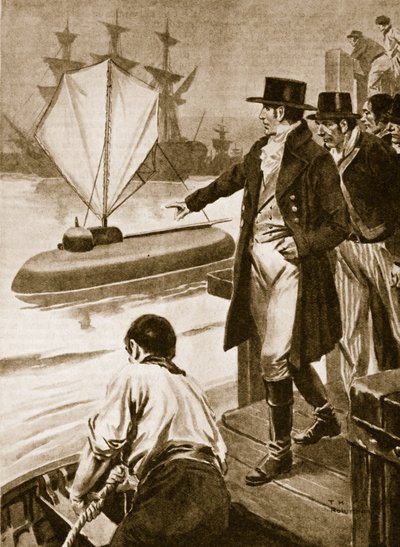 Robert Fulton we Francji pokazujący swój okręt podwodny "Nautilus" w akcji (litografia) autorstwa Thomas Heath Robinson