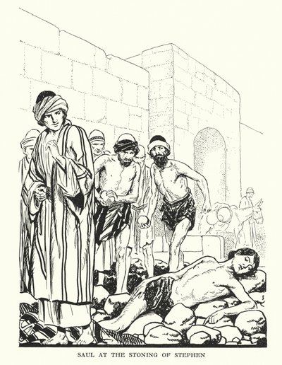 Saul podczas kamienowania Szczepana (litografia) autorstwa Thomas Heath Robinson