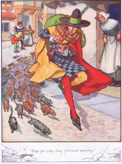 "Krok za krokiem podążali tańcząc" (kolorowa litografia) autorstwa Thomas Heath Robinson