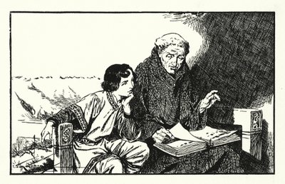 Przyszły król Alfred podczas edukacji (litografia) autorstwa Thomas Heath Robinson