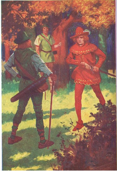 "To szkodliwy łotr!" wykrzyknął szkarłatny nieznajomy (kolorowa litografia) autorstwa Thomas Heath Robinson