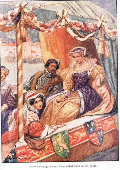 Pod baldachimem państwowym Jane odpłynęła barką (kolorowa litografia) autorstwa Thomas Heath Robinson
