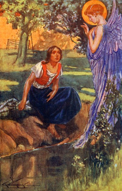 "Kiedy usłyszała go trzy razy, wiedziała, że był to głos anioła" (kolorowa litografia). autorstwa Thomas Heath Robinson