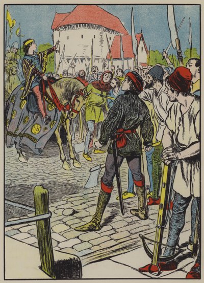 Młody król Ryszard tłumi bunt (kolorowa litografia) autorstwa Thomas Heath Robinson