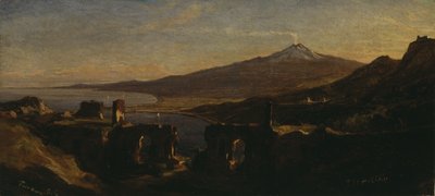 Widok z ruin teatru greckiego w Taorminie na Sycylii z Etną (palenie) autorstwa Thomas Hiram Hotchkiss