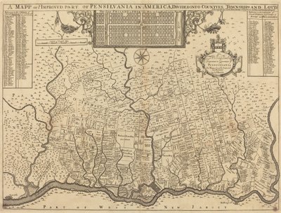 Mapa ulepszonej części Pensylwanii w Ameryce, z podziałem na hrabstwa, miasteczka i losy autorstwa Thomas Holme
