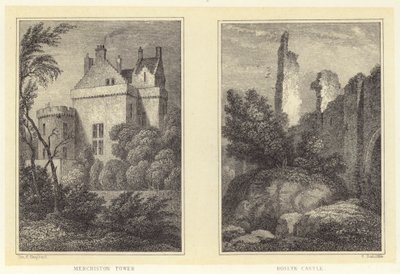 Wieża Merchistona; Zamek Roslyn (rycina) autorstwa Thomas Hosmer (after) Shepherd