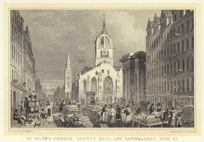 St Giles Church, County Hall i Lawnmarket, High Street (grawerowanie) autorstwa Thomas Hosmer (after) Shepherd