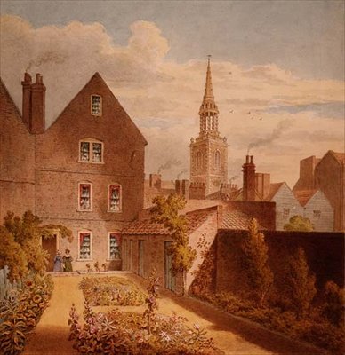 Widok domu i ogrodu pana Upcotta z odległym kościołem Islington, ok. 1835 (akwarela na papierze) autorstwa Thomas Hosmer Shepherd
