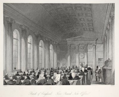 Bank of England - Five Pound Note Office, z pubu „London Interiors withich Costumes and Ceremonies”. Joseph Mead, Londyn, c.1843 (rycina stalowa) autorstwa Thomas Hosmer Shepherd