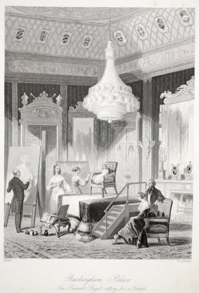 Pałac Buckingham - Księżniczka Królewska siedząca do portretu, z londyńskich wnętrz z ich kostiumami i ceremoniami pub. Joseph Mead, Londyn, ok. 1843 staloryt. autorstwa Thomas Hosmer Shepherd