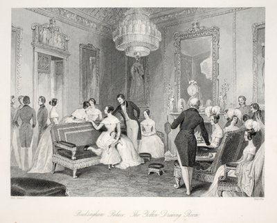 Pałac Buckingham, Żółty Salonik, z pubu „London Interiors with Your Costumes and Ceremonies”. Joseph Mead, Londyn, c.1843 (rycina stalowa) autorstwa Thomas Hosmer Shepherd