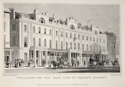 Budynki po wschodniej stronie Regent Street, z pubu „Londyn i jego okolice w XIX wieku”. Jones und Co., 1827-1829 autorstwa Thomas Hosmer Shepherd