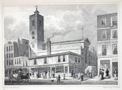 Kościół St Dionis, Backchurch, z pubu „Londyn i jego okolice w XIX wieku”. Jones und Co., 1827-1829 autorstwa Thomas Hosmer Shepherd
