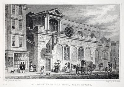 Kościół św. Dunstana, na zachodzie, Fleet Street, z pubu „Londyn i jego okolice w XIX wieku”. Jones und Co., 1827-1829 autorstwa Thomas Hosmer Shepherd