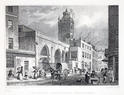 Kościół St Giles, Cripplegate, z pubu „Londyn i jego okolice w XIX wieku”. Jones und Co., 1827-1829 autorstwa Thomas Hosmer Shepherd