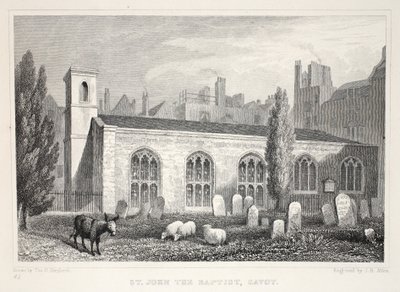 Kościół św. Jana Chrzciciela, Savoy, z pubu „Londyn i jego okolice w XIX wieku”. Jones und Co., 1827-1829 autorstwa Thomas Hosmer Shepherd