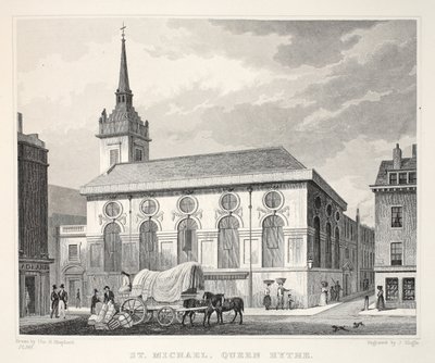 Kościół św. Michała, Queenhithe, z pubu „Londyn i jego okolice w XIX wieku”. Jones und Co., 1827-1829 autorstwa Thomas Hosmer Shepherd
