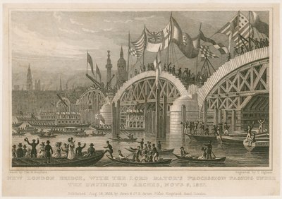 Budowa mostu New London Bridge, 9 listopada 1827 r. autorstwa Thomas Hosmer Shepherd