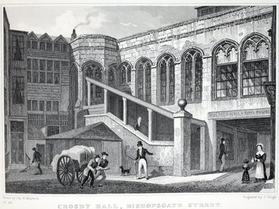 Crosby Hall z pubu „Londyn i jego okolice w XIX wieku”. Jones und Co., 1827-1829 autorstwa Thomas Hosmer Shepherd