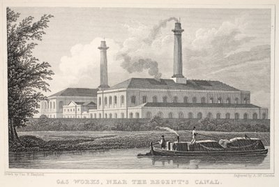 Gazownia, niedaleko Kanału Regentów, z pubu „Londyn i jego okolice w XIX wieku”. Jones und Co., 1827-1829 autorstwa Thomas Hosmer Shepherd