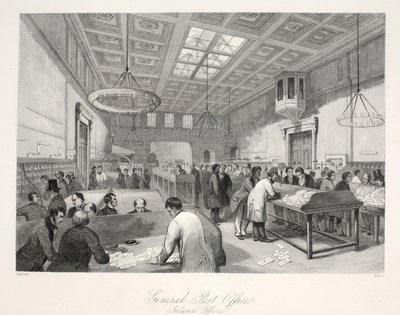 General Post Office, Inland Office, z pubu „London Interiors with your Costumes and Ceremonies”. Joseph Mead, Londyn, c.1843 (rycina stalowa) autorstwa Thomas Hosmer Shepherd