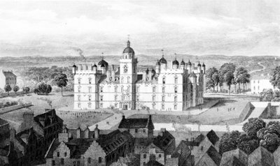Szpital Heriota, ze Wzgórza Zamkowego, ryty przez Williama Watkinsa, ok.1830 autorstwa Thomas Hosmer Shepherd