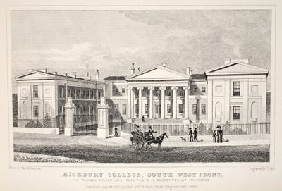 Highbury College, South West Front, z pubu „Londyn i jego okolice w XIX wieku”. Jones und Co., 1827-1829 autorstwa Thomas Hosmer Shepherd