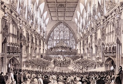 Wnętrze Guildhall - Lord Mayor i Korporacja prezentują swoje przemówienie do Cesarza i Cesarzowej Francji, 19 kwietnia 1855 r. autorstwa Thomas Hosmer Shepherd