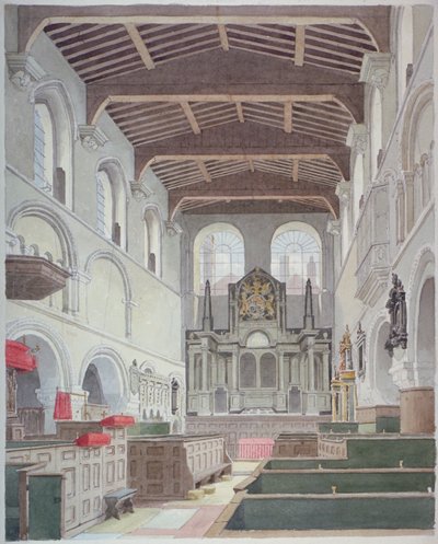 Widok wnętrza kościoła św Bartłomieja Wielkiego, Smithfield, City of London, 1821. autorstwa Thomas Hosmer Shepherd
