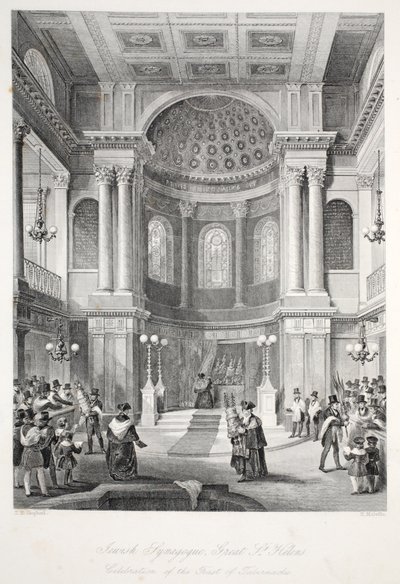 Synagoga żydowska, Great St Helens, z pubu „Londyńskie wnętrza z ich kostiumami i ceremoniami”. Joseph Mead, Londyn, c.1843 (rycina stalowa) autorstwa Thomas Hosmer Shepherd