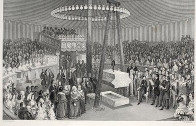 Wmurowanie pierwszego kamienia na Nowej Królewskiej Giełdzie, z pubu „London Interiors withich Costumes and Ceremonies”. Joseph Mead, Londyn, c.1843 (rycina stalowa) autorstwa Thomas Hosmer Shepherd