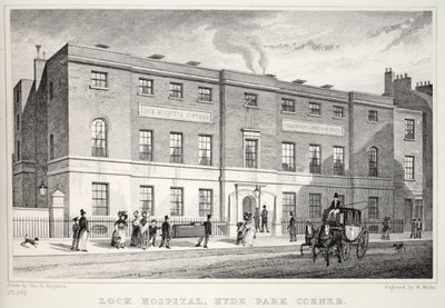 Lock Hospital, Hyde Park Corner, z pubu „Londyn i jego okolice w XIX wieku”. Jones und Co., 1827-1829 autorstwa Thomas Hosmer Shepherd
