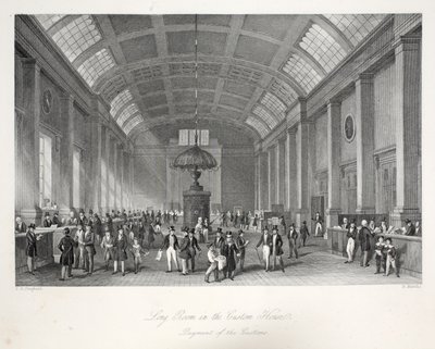 Long Room w Custom-House, z pubu „London Interiors with Your Costumes and Ceremonies”. Joseph Mead, Londyn, c.1843 (rycina stalowa) autorstwa Thomas Hosmer Shepherd