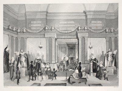 Wystawa figur woskowych Madame Tussaud z pubu „Londyńskie wnętrza z ich kostiumami i ceremoniami”. Joseph Mead, Londyn, c.1843 (rycina stalowa) autorstwa Thomas Hosmer Shepherd