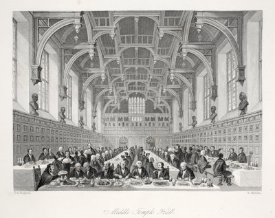 Sala Middle Temple, z pubu „London Interiors withich Costumes and Ceremonies”. Joseph Mead, Londyn, c.1843 (rycina stalowa) autorstwa Thomas Hosmer Shepherd