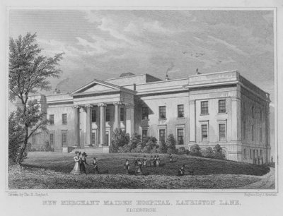 Nowy szpital Merchant Maiden, Lauriston Lane, Edynburg (grawerowanie) autorstwa Thomas Hosmer Shepherd