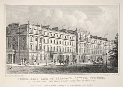 North East Side of Belgrave Square, Pimlico, z pubu „Londyn i jego okolice w XIX wieku”. Jones und Co., 1827-1829 autorstwa Thomas Hosmer Shepherd