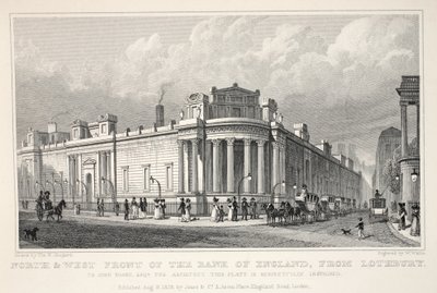 Front Północno-Zachodni Banku Anglii z Lothbury, z pubu „Londyn i jego okolice w XIX wieku”. Jones und Co., 1827-1829 autorstwa Thomas Hosmer Shepherd