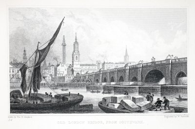 Old London Bridge, z Southwark, z pubu „Londyn i jego okolice w XIX wieku”. Jones und Co., 1827-1829 autorstwa Thomas Hosmer Shepherd