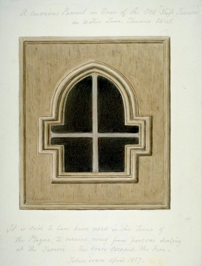 Panel w drzwiach Ship Tavern, Water Lane, City of London, 1857. autorstwa Thomas Hosmer Shepherd