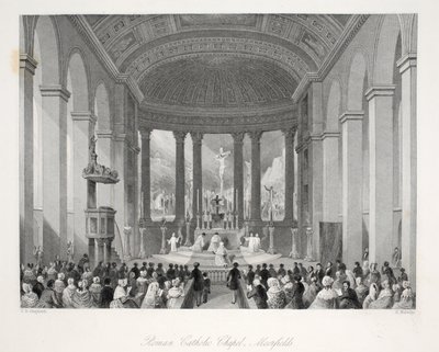 Kaplica rzymskokatolicka, Moorfields, z pubu „London Interiors with their Costumes and Ceremonies”. Joseph Mead, Londyn, c.1843 (rycina stalowa) autorstwa Thomas Hosmer Shepherd