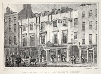Shaftesbury House, Aldersgate Street, z pubu „Londyn i jego okolice w XIX wieku”. Jones und Co., 1827-1829 autorstwa Thomas Hosmer Shepherd