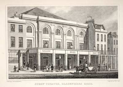 Surry Theatre, Blackfriars Road, z pubu „Londyn i jego okolice w XIX wieku”. Jones und Co., 1827-1829 autorstwa Thomas Hosmer Shepherd