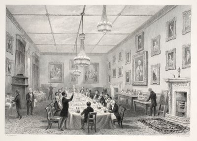 Dom kryty strzechą, z pubu „London Interiors with Your Costumes and Ceremonies”. Joseph Mead, Londyn, c.1843 (rycina stalowa) autorstwa Thomas Hosmer Shepherd